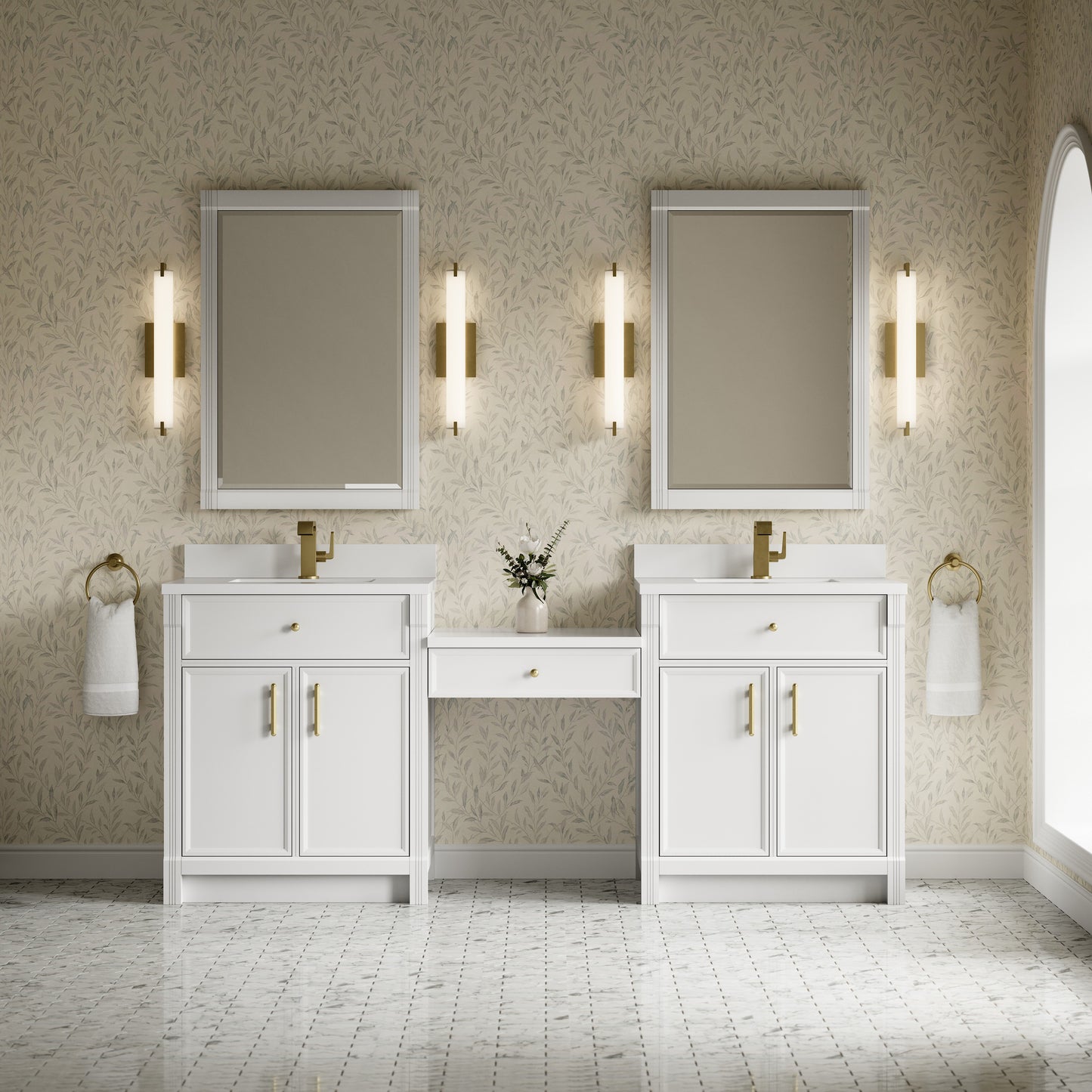 Renovate for Less Atlanta Bellshire 84" Dual Vanity Set with 24" Make-Up Counter, Bright White w/Single Hole 3 cm White Zeus Silestone Top & Backsplash