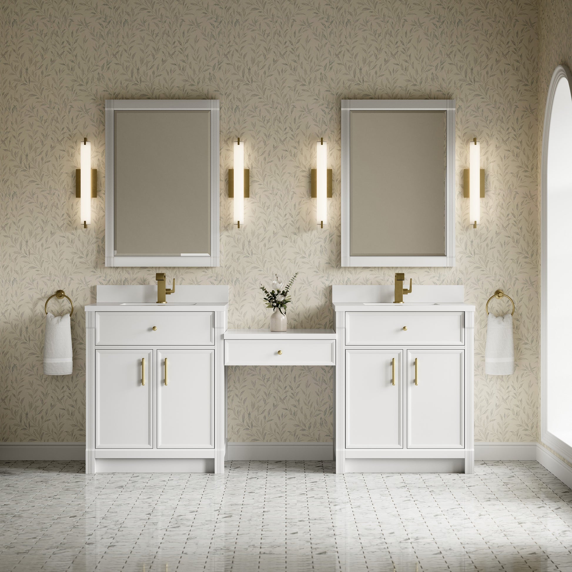 Renovate for Less Atlanta Bellshire 84" Dual Vanity Set with 24" Make-Up Counter, Bright White w/Single Hole 3 cm White Zeus Silestone Top & Backsplash