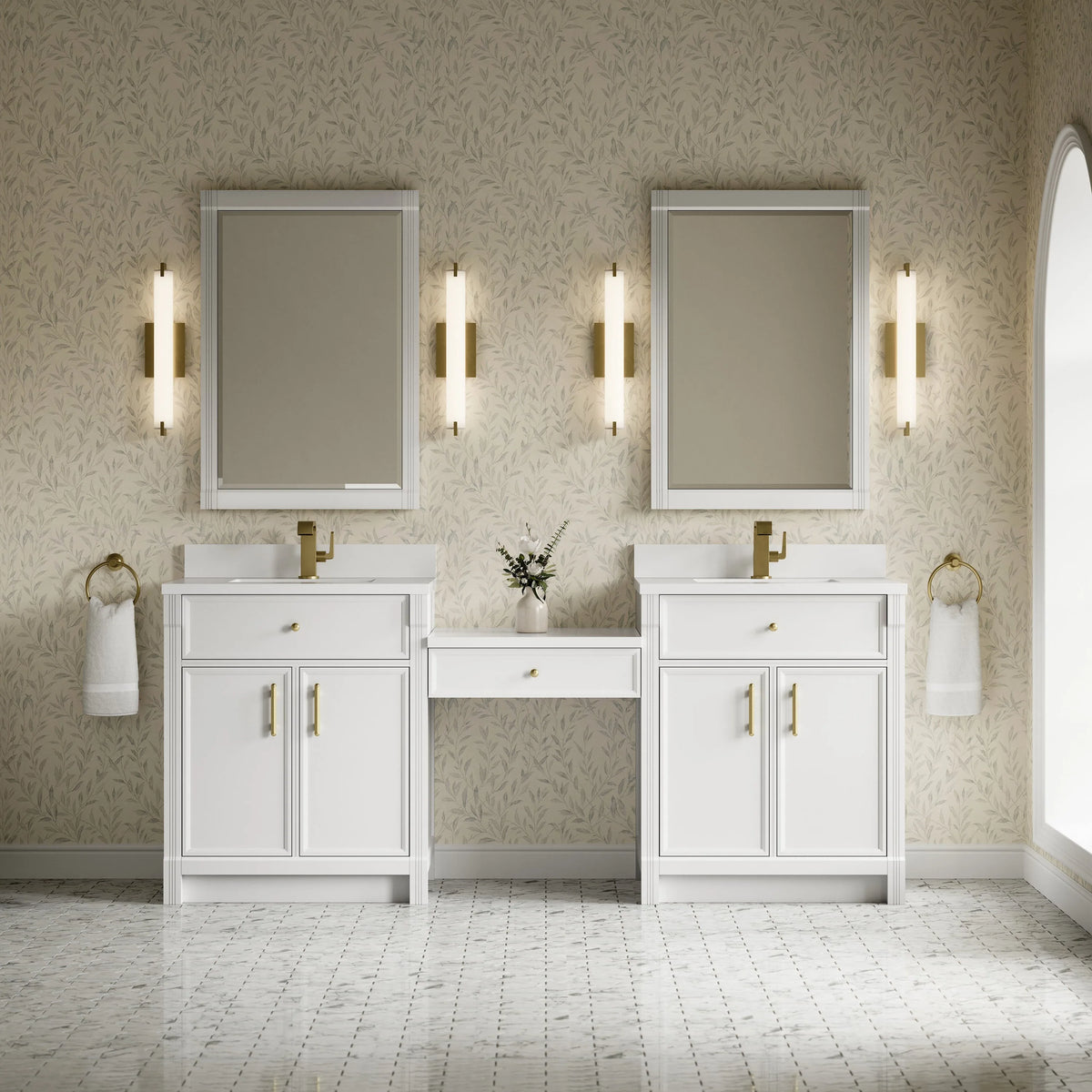 Bellshire 84" Dual Vanity Set with 24" Make-Up Counter, Bright White w/Single Hole 3 cm White Zeus Silestone Top & Backsplash
