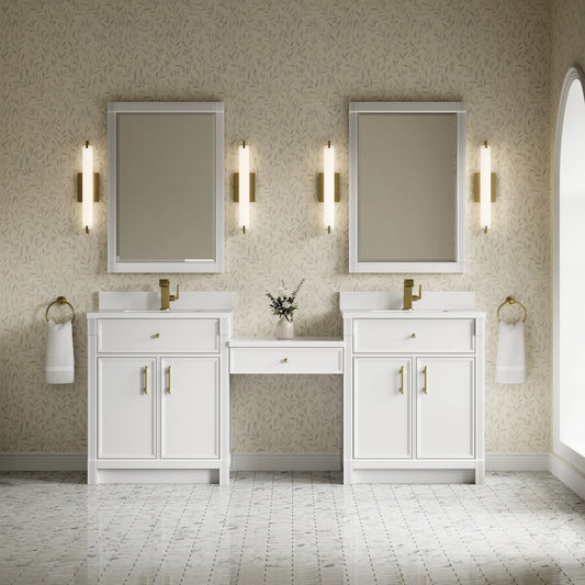 Bellshire 84" Dual Vanity Set with 24" Make-Up Counter, Bright White w/Single Hole 3 cm White Zeus Silestone Top & Backsplash