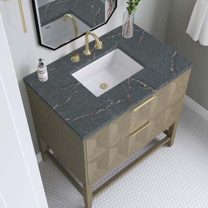Renovate for Less Atlanta Emmeline 36" Single Vanity, Pebble Oak w/ 3 CM Parisien Bleu Top