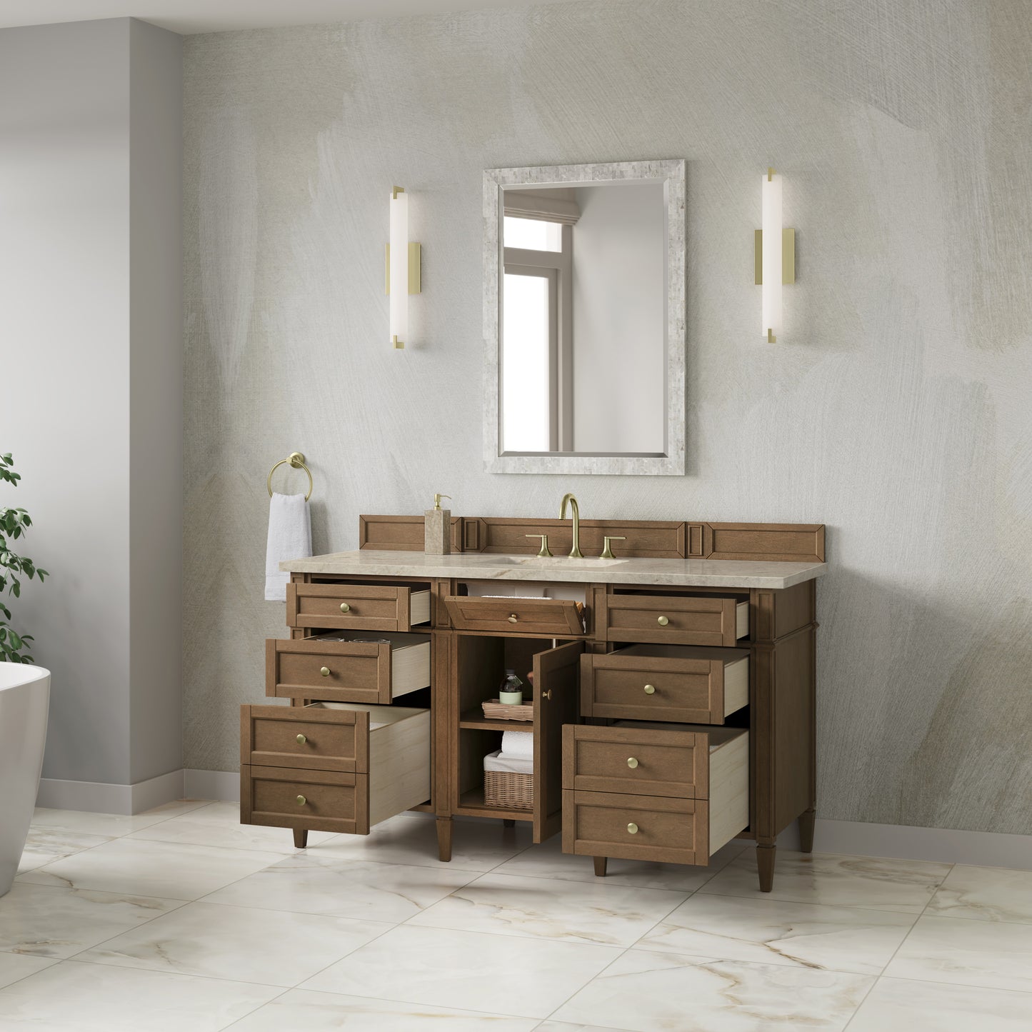 Renovate for Less Atlanta Brittany 60" Single Vanity, Pecan w/ 3 CM Tajnar Eclos Top w/FreePower Wireless Charger
