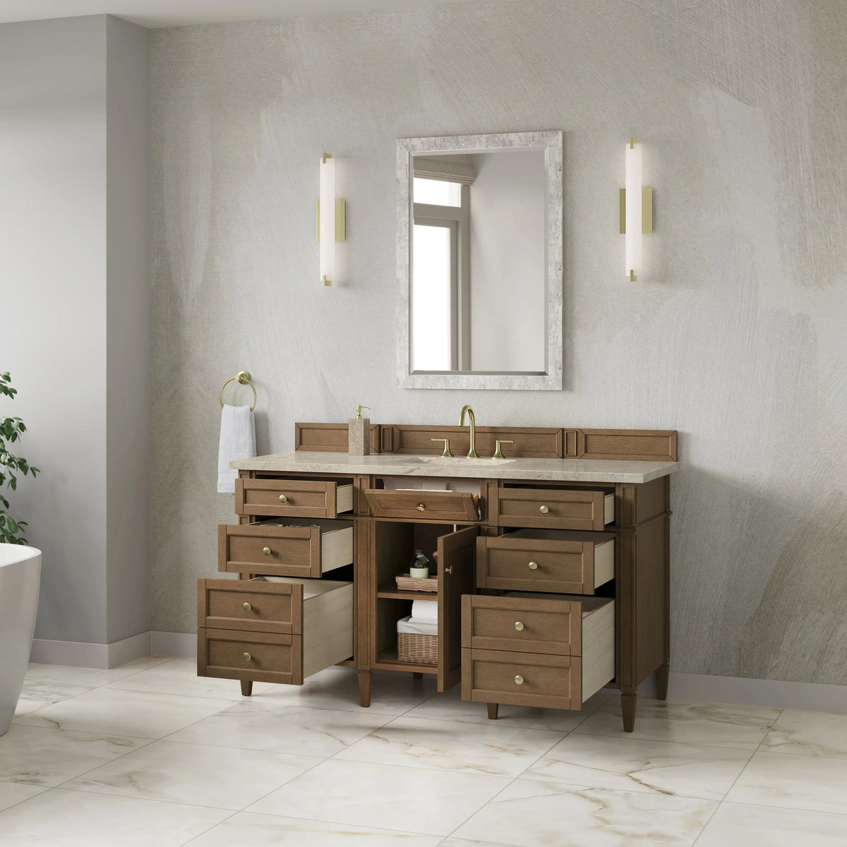Brittany 60" Single Vanity, Pecan w/ 3 CM Tajnar Eclos Top w/FreePower Wireless Charger