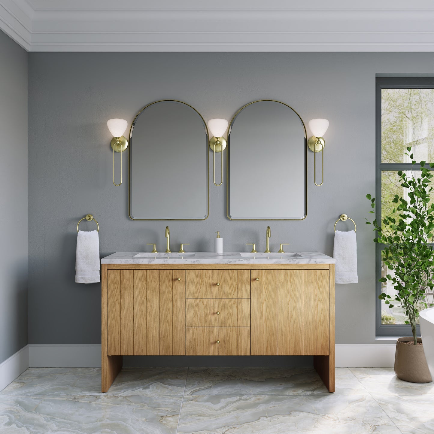 Renovate for Less Atlanta Hudson 60" Double Vanity, Light Natural Oak w/ 3 CM Carrara Marble Top
