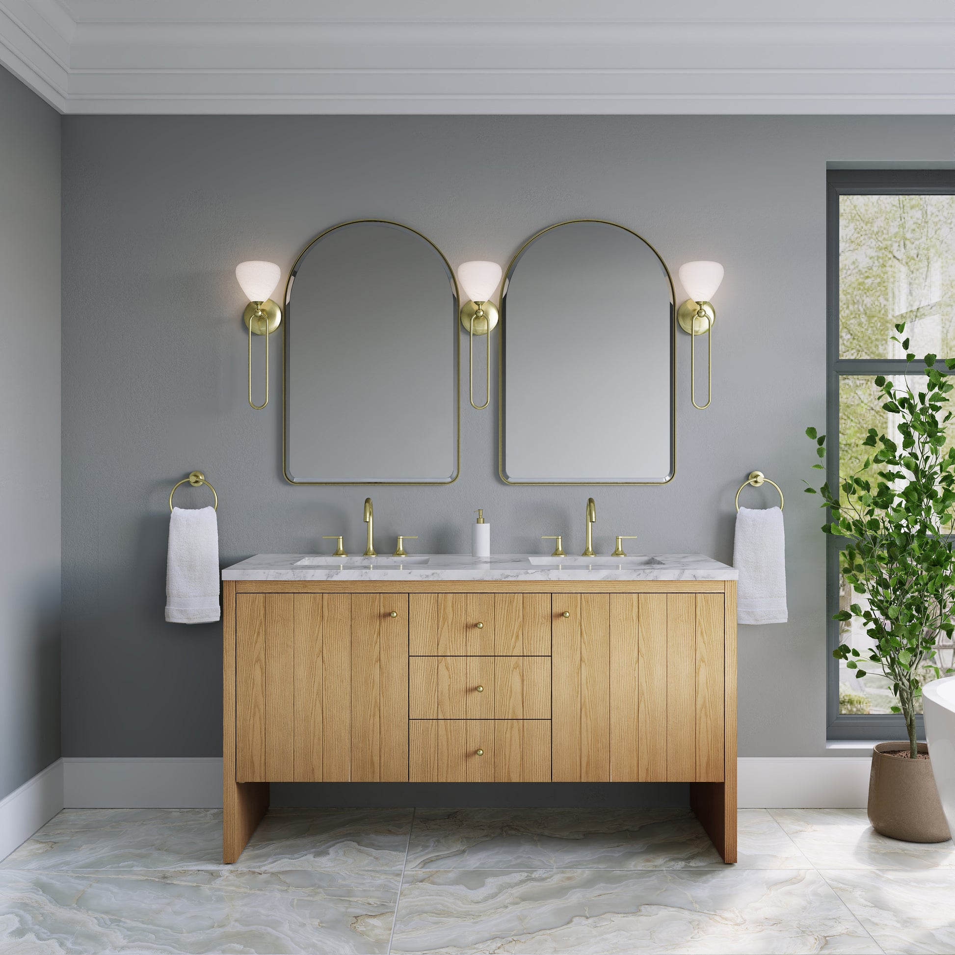 Renovate for Less Atlanta Hudson 60" Double Vanity, Light Natural Oak w/ 3 CM Carrara Marble Top