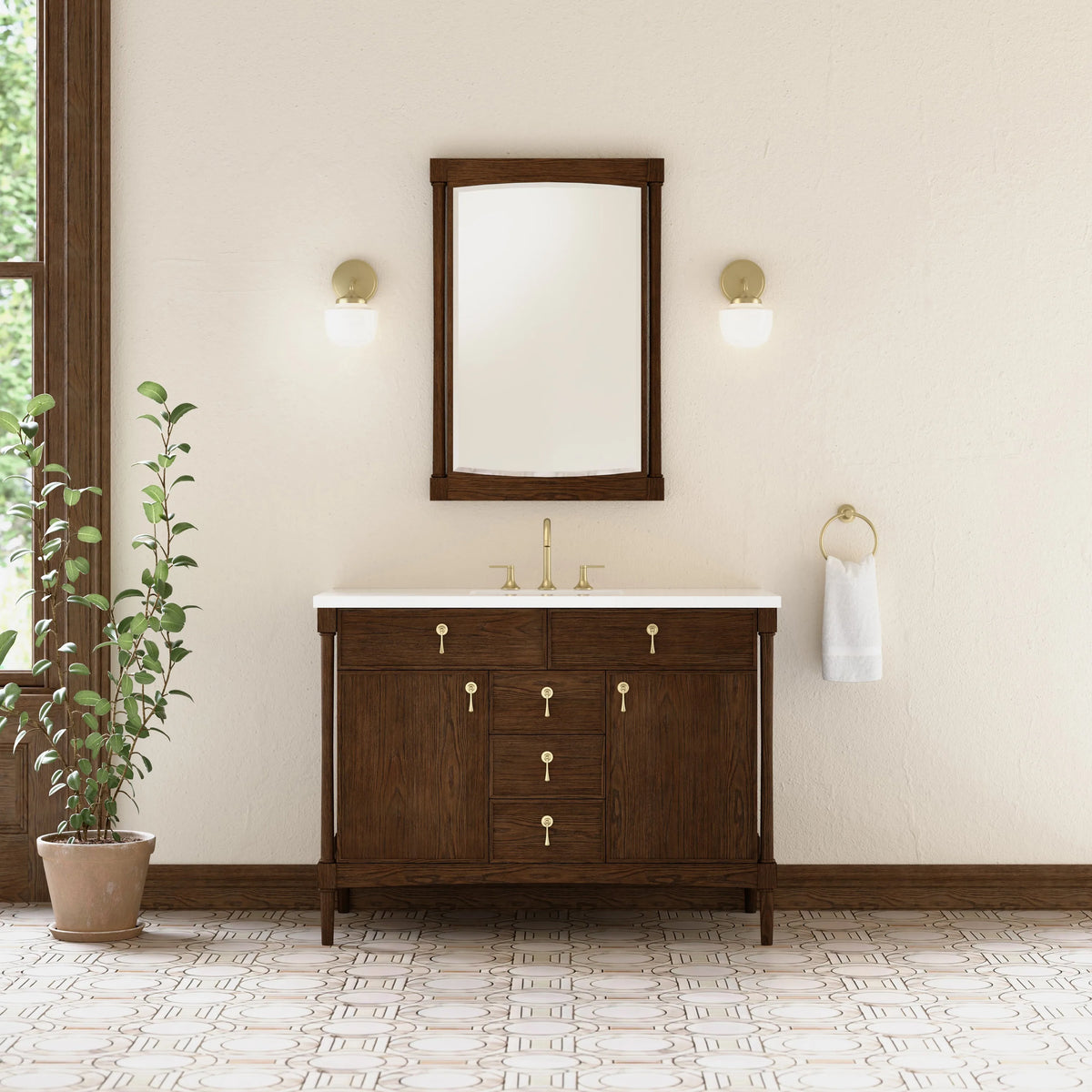 Kinnsden 48" Single Vanity, Sable Oak w/ 3 CM White Zeus Silestone Top