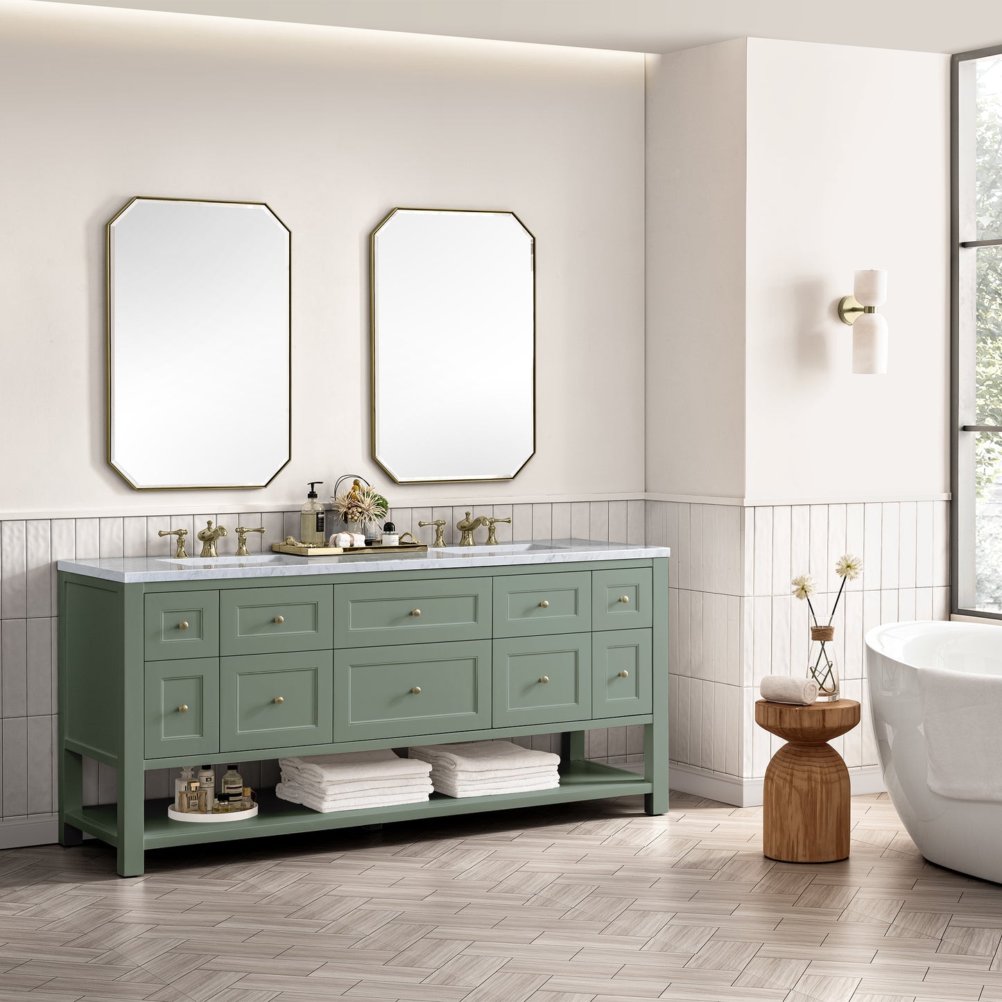 Renovate for Less Atlanta Breckenridge 72" Double Vanity, Smokey Celadon w/ 3 CM Carrara Marble Top