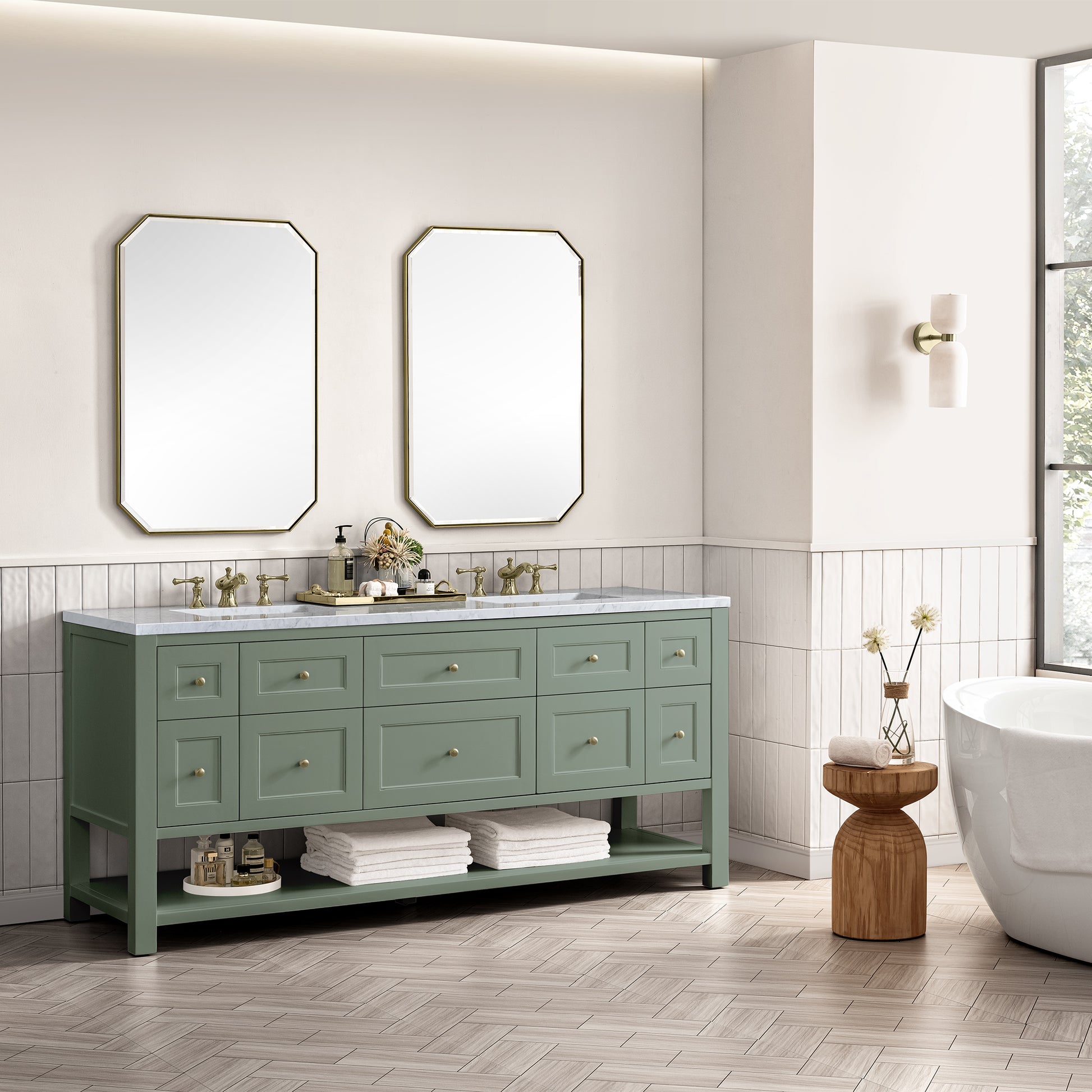 Renovate for Less Atlanta Breckenridge 72" Double Vanity, Smokey Celadon w/ 3 CM Carrara Marble Top