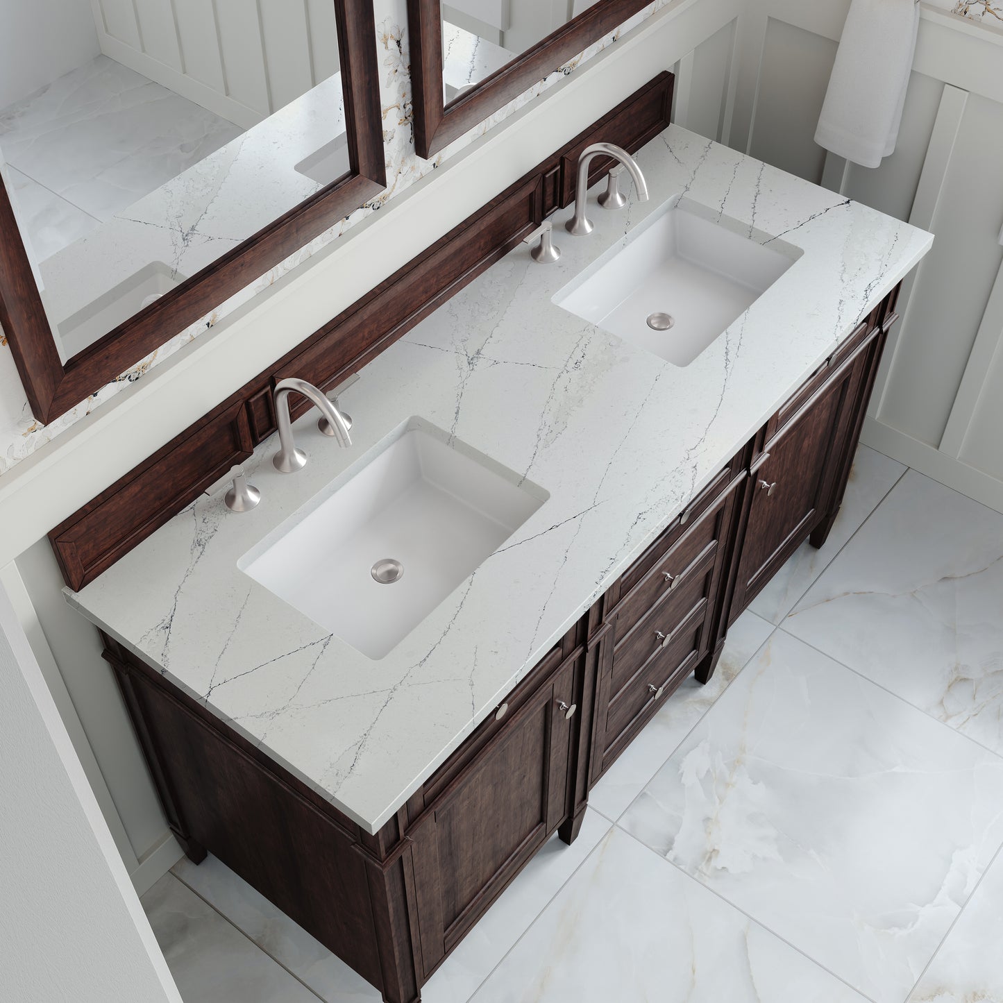 Renovate for Less Atlanta Brittany 60" Double Vanity, Burnished Mahogany w/ 3 CM Ethereal Noctis Silestone Top