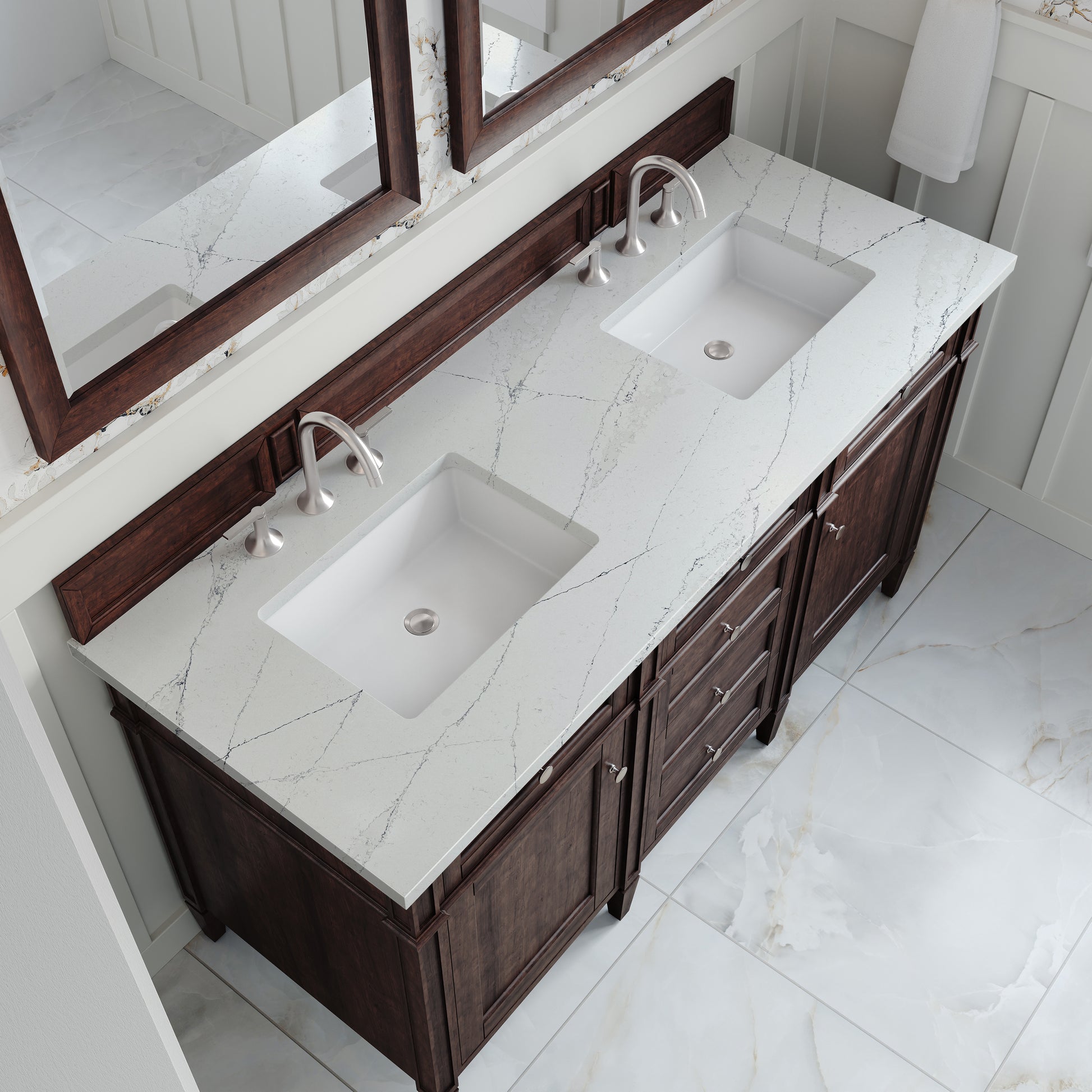 Renovate for Less Atlanta Brittany 60" Double Vanity, Burnished Mahogany w/ 3 CM Ethereal Noctis Silestone Top