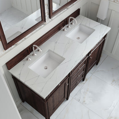 Renovate for Less Atlanta Brittany 60" Double Vanity, Burnished Mahogany w/ 3 CM Ethereal Noctis Silestone Top