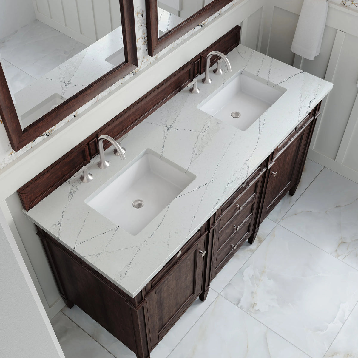 Brittany 60" Double Vanity, Burnished Mahogany w/ 3 CM Ethereal Noctis Silestone Top