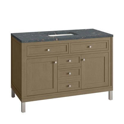 Renovate for Less Atlanta Chicago 48" Single Vanity, Walnut Whisper, w/ 3 CM Parisien Bleu Silestone® Top w/FreePower Wireless Charger