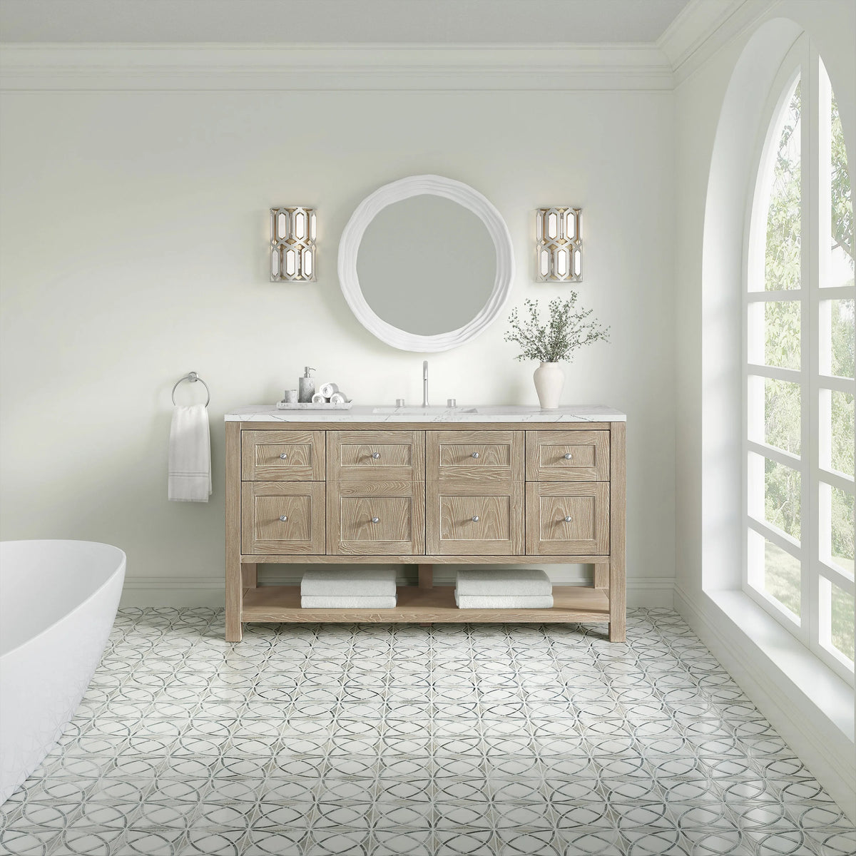 Breckenridge 60" Single Vanity, Whitewashed Oak, w/ 3 CM Ethereal Noctis Silestone Top w/ FreePower Wireless Charger