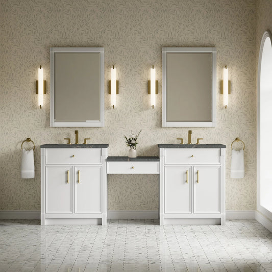 Bellshire 84" Dual Vanity Set with 24" Make-Up Counter, Bright White w/3 cm Parisien Bleu Silestone Top