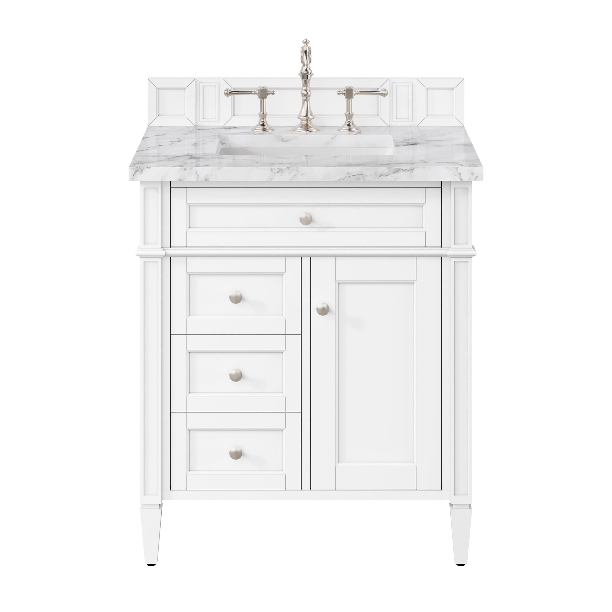 Renovate for Less Atlanta Brittany 30" Single Vanity, Bright White w/ 3 CM Carrara Marble Top