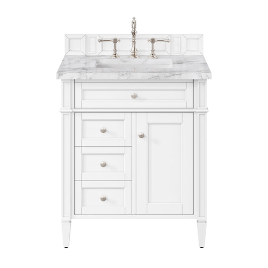 Renovate for Less Atlanta Brittany 30" Single Vanity, Bright White w/ 3 CM Carrara Marble Top
