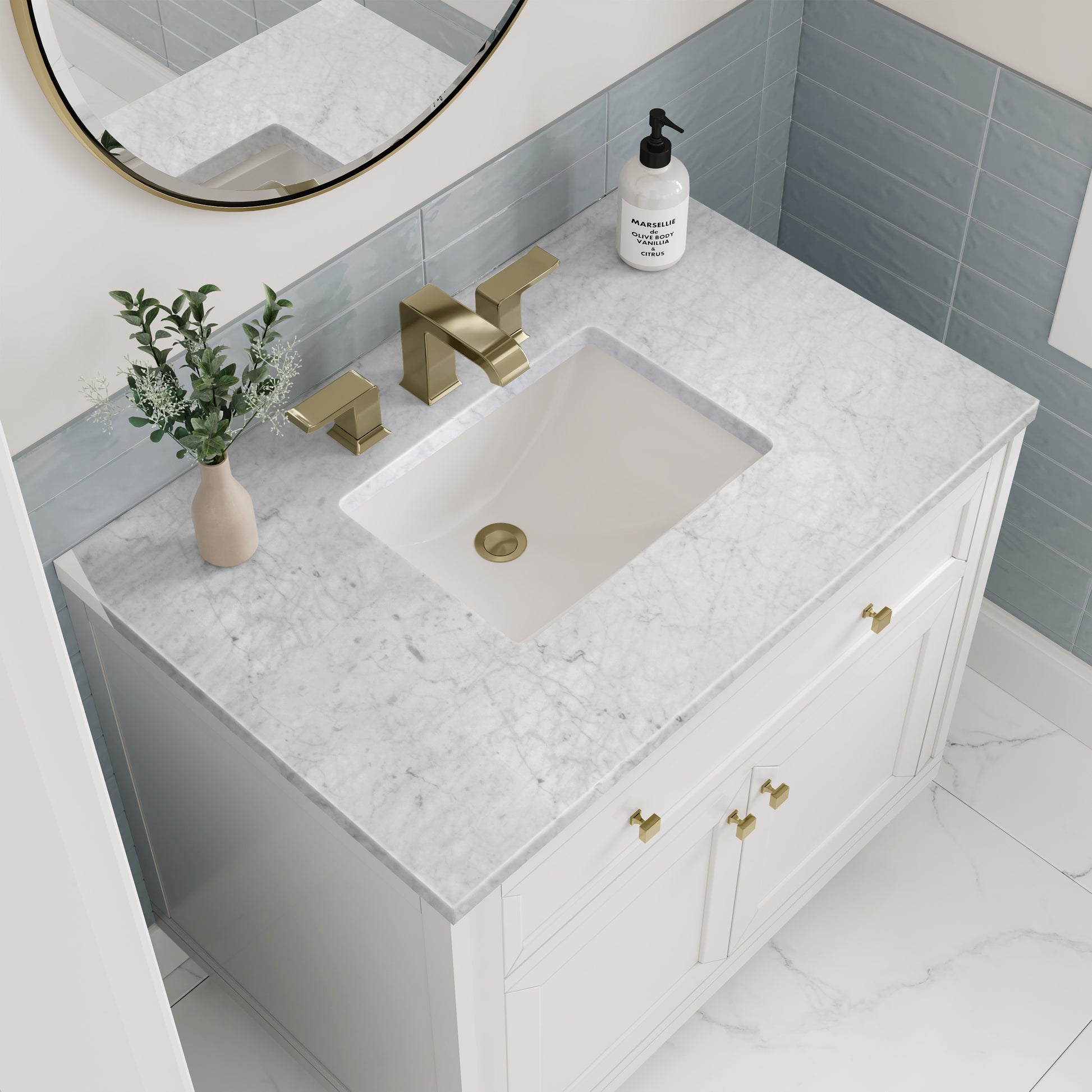 Renovate for Less Atlanta Chicago 36" Single Vanity, Glossy White, w/ 3 CM Carrara Marble Top
