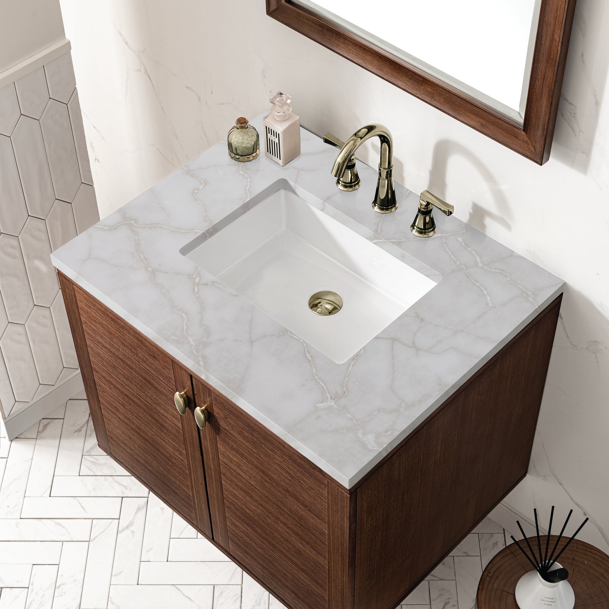Renovate for Less Atlanta Amberly 30" Single Vanity, Mid-Century Walnut w/ 3 CM Victorian Silver Top