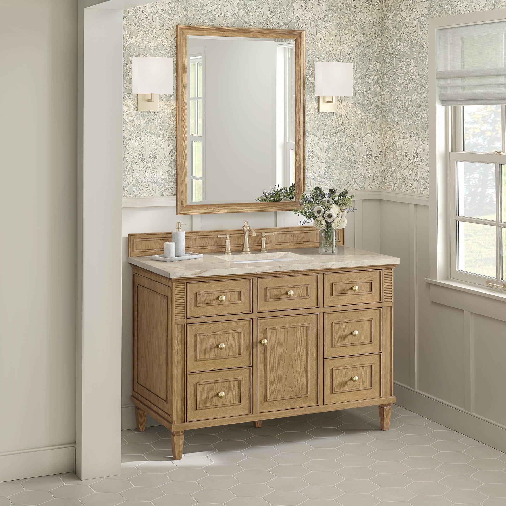 Renovate for Less Atlanta Lorelai 48" Single Vanity, Light Natural Oak, w/ 3 CM Tajnar Eclos Top