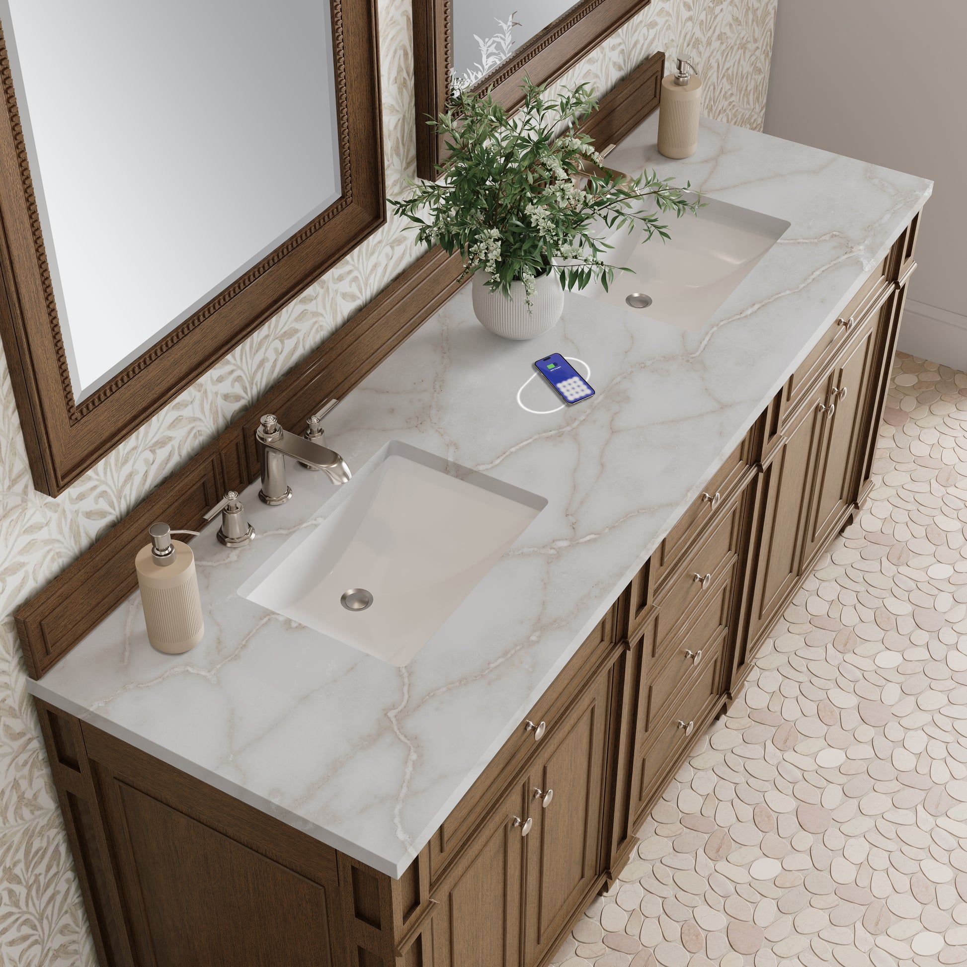 Renovate for Less Atlanta Bristol 72" Double Vanity, Saddle Brown w/ 3 CM Victorian Silver Silestone Top w/FreePower Wireless Charger