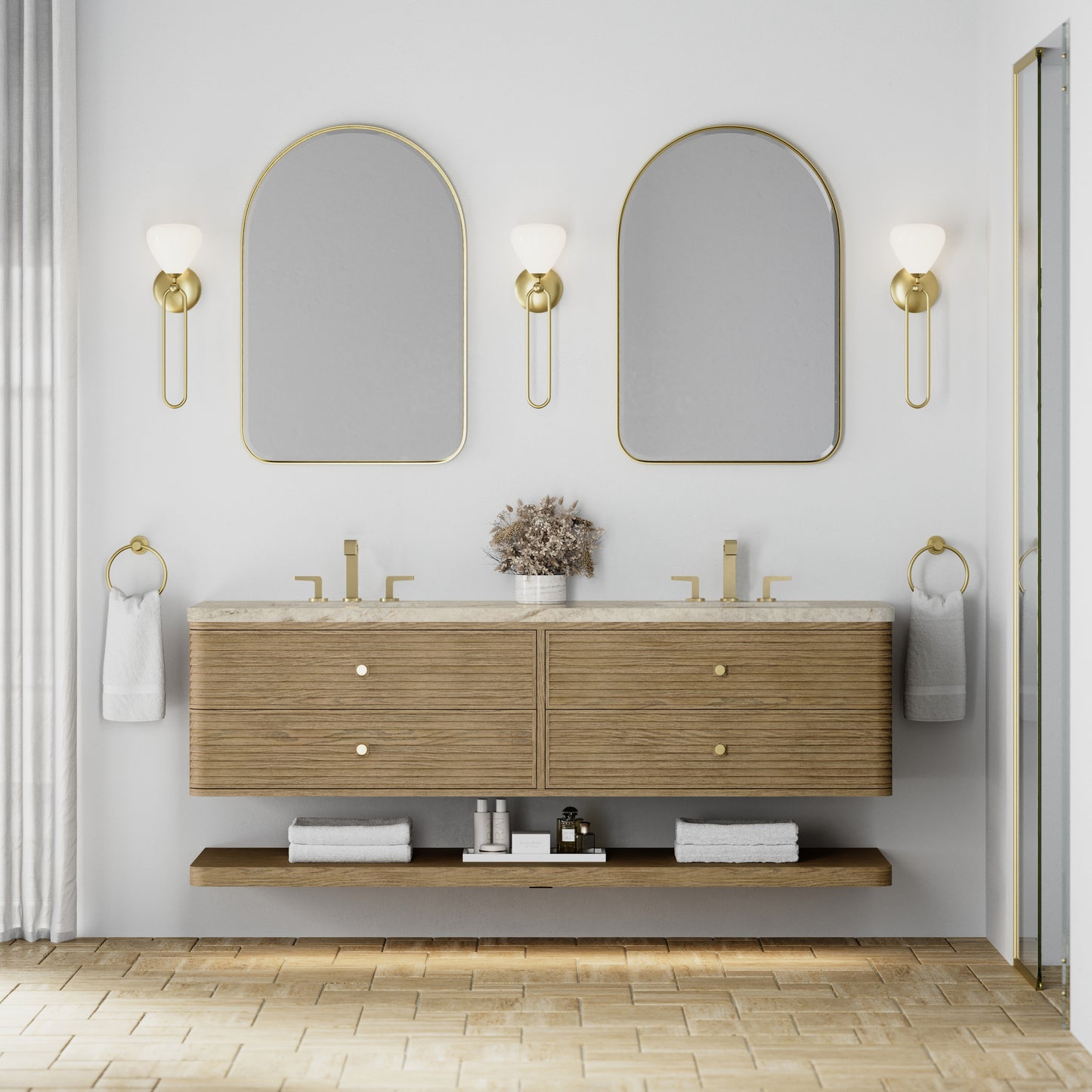 Renovate for Less Atlanta Allamari 72" Double Vanity, Dune Mist w/ 3 CM Tajnar Eclos Top w/FreePower Wireless Charger