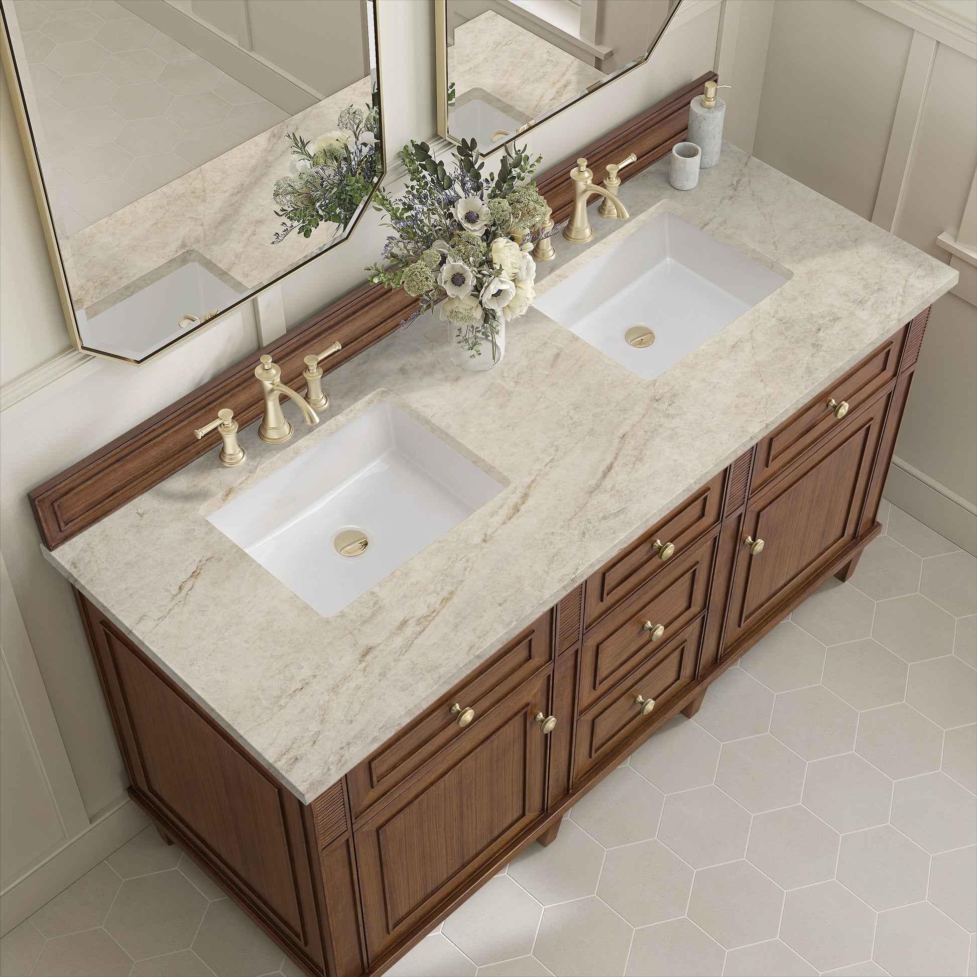Renovate for Less Atlanta Lorelai 60" Double Vanity, Mid-Century Walnut, w/ 3 CM Tajnar Eclos Top