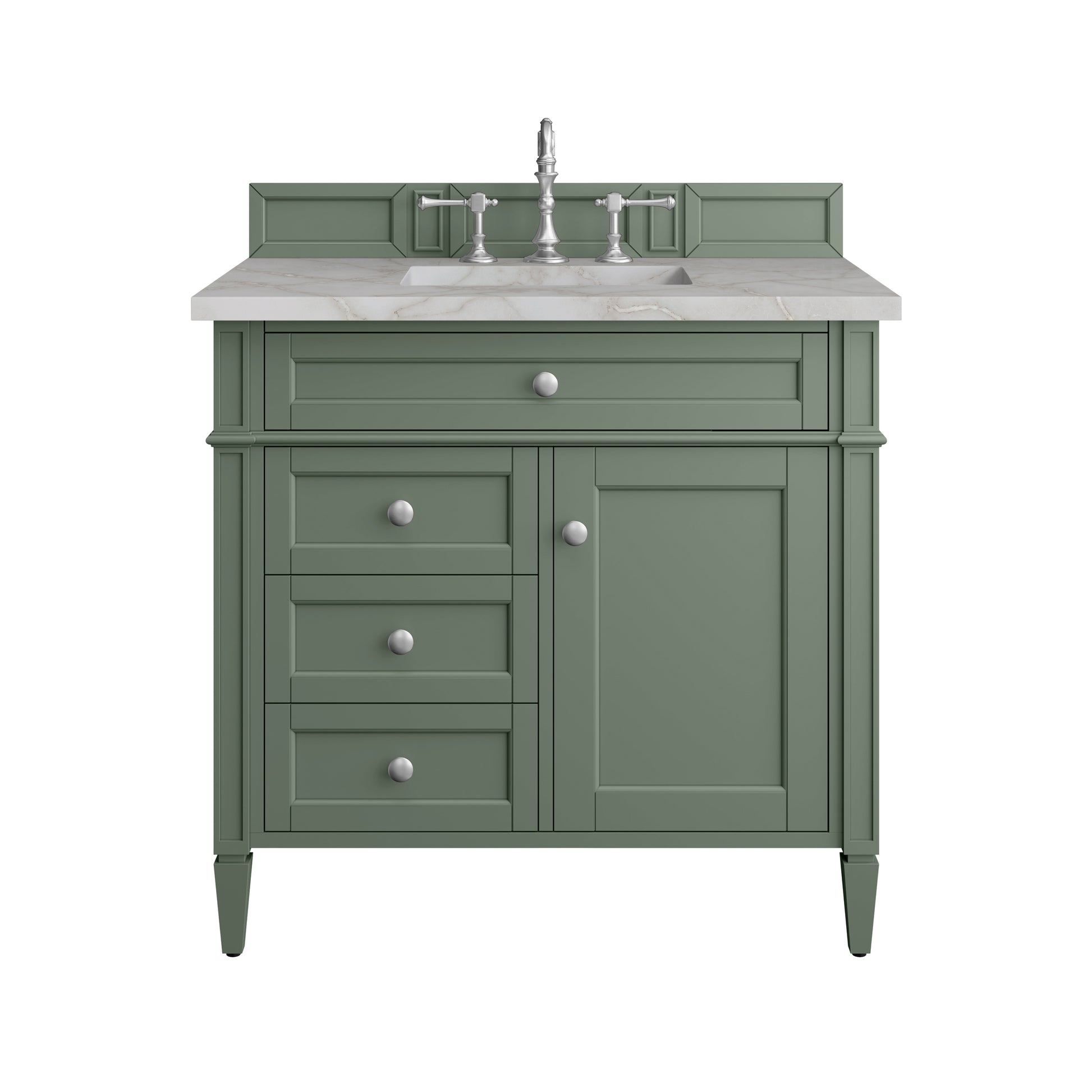 Renovate for Less Atlanta Brittany 36" Single Vanity, Smokey Celadon w/ 3 CM Victorian Silver Top