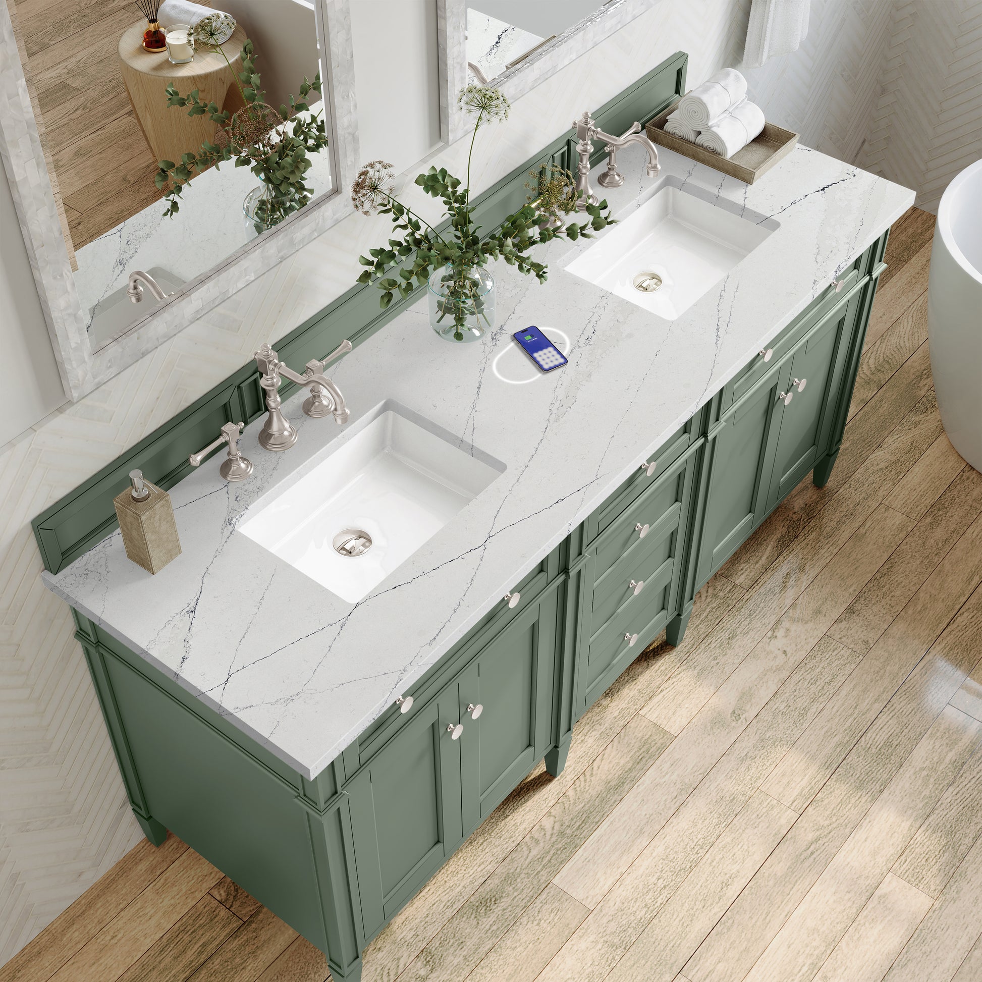Renovate for Less Atlanta Brittany 72" Double Vanity, Smokey Celadon w/ 3 CM Ethereal Noctis Top w/FreePower Wireless Charger