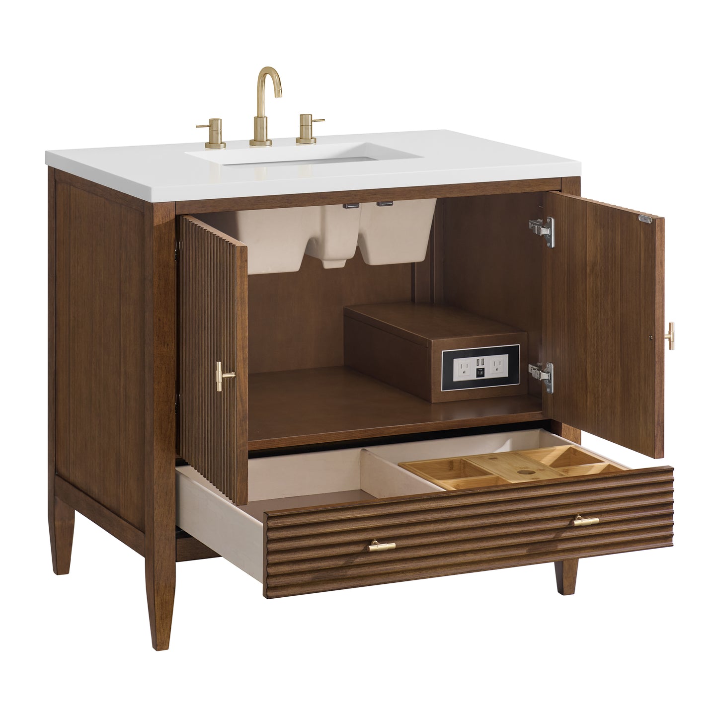 Renovate for Less Atlanta Myrrin 36" Vanity, Mid Century Walnut w/ 3 CM White Zeus Silestone Top