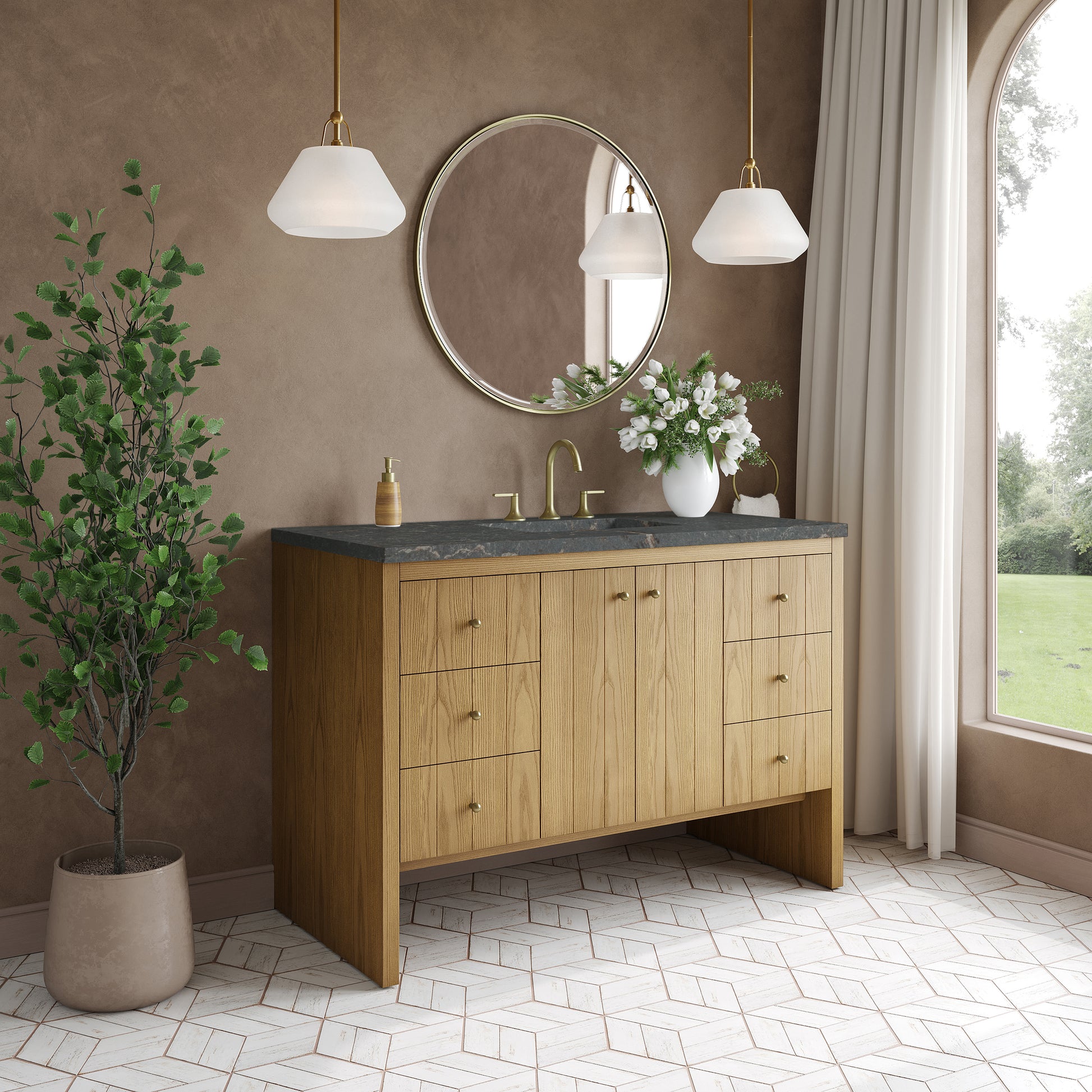 Renovate for Less Atlanta Hudson 48" Single Vanity, Light Natural Oak w/ 3 CM Parisien Bleu Top w/ FreePower Wireless Charger