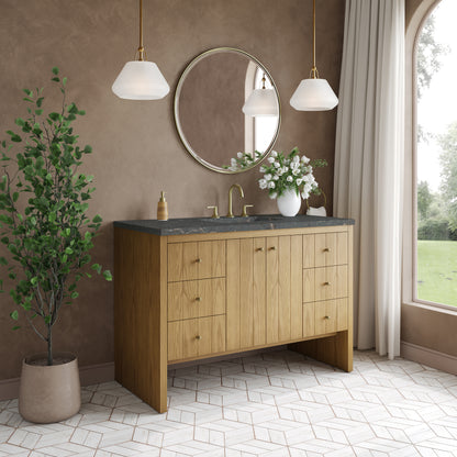 Renovate for Less Atlanta Hudson 48" Single Vanity, Light Natural Oak w/ 3 CM Parisien Bleu Top w/ FreePower Wireless Charger