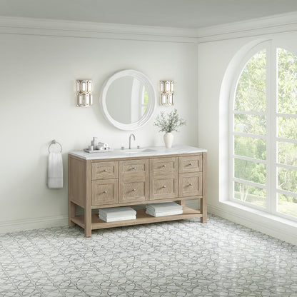 Renovate for Less Atlanta Breckenridge 60" Single Vanity, Whitewashed Oak, w/ 3 CM Ethereal Noctis Silestone Top w/ FreePower Wireless Charger