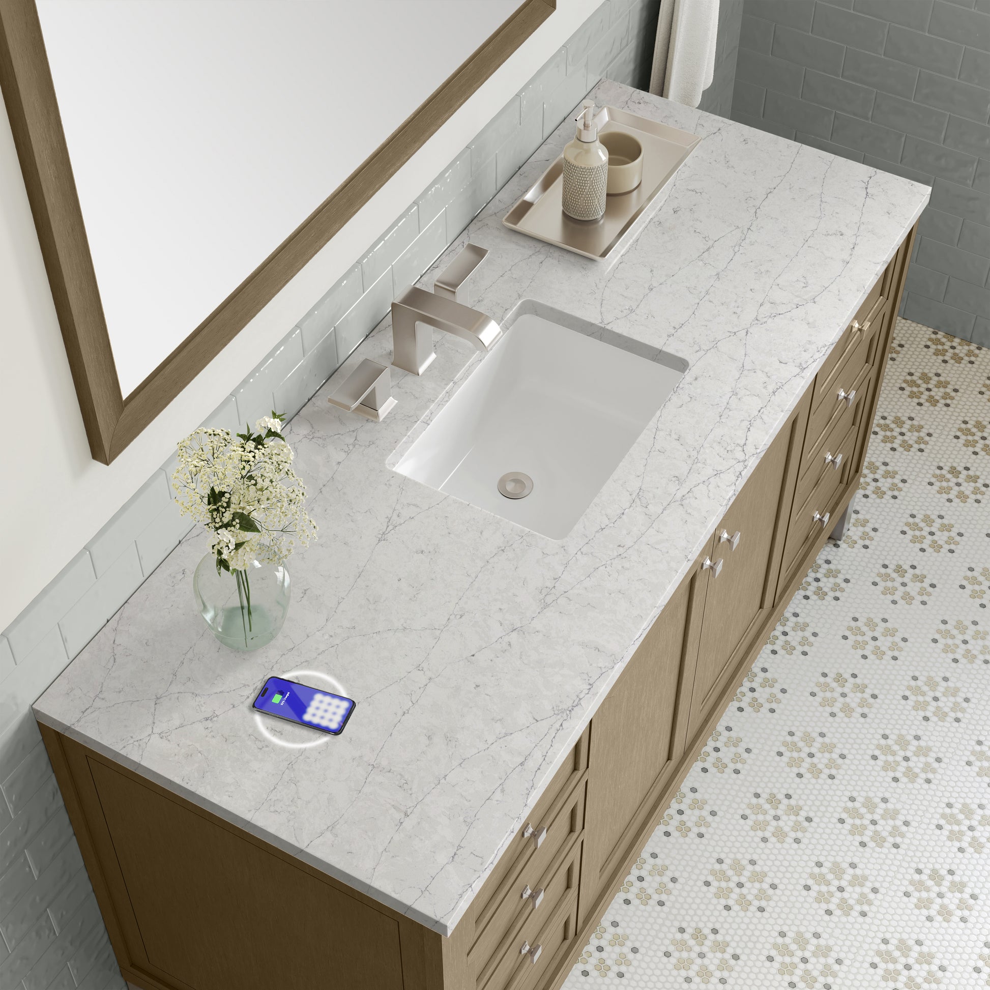 Renovate for Less Atlanta Chicago 60" Single Vanity, Walnut Whisper, w/ 3 CM Eternal Jasmine Pearl Silestone Top w/ FreePower Wireless Charger