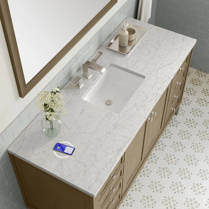 Chicago 60" Single Vanity, Walnut Whisper, w/ 3 CM Eternal Jasmine Pearl Silestone Top w/ FreePower Wireless Charger