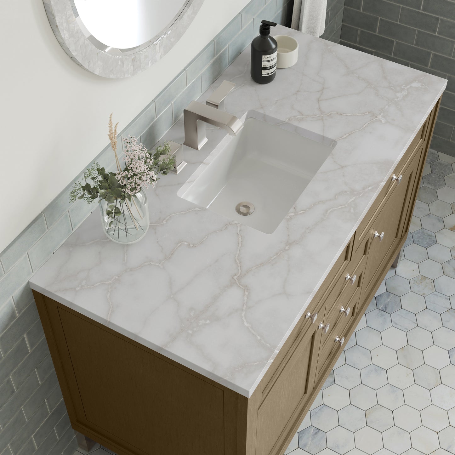 Renovate for Less Atlanta Chicago 48" Single Vanity, Walnut Whisper, w/ 3 CM Victorian Silver Silestone® Top