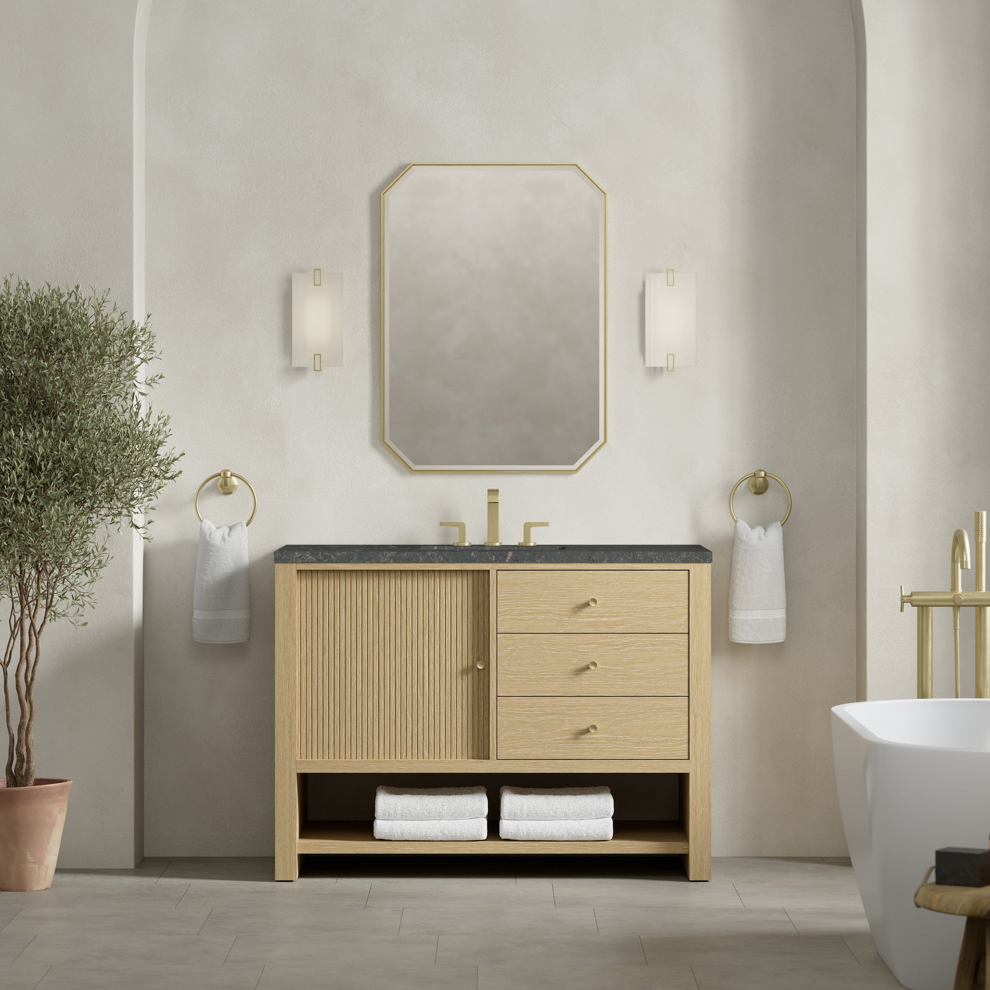 Renovate for Less Atlanta Marigot 48" Single Vanity, Sunwashed Oak w/ 3 CM Parisien Bleu Silestone Top
