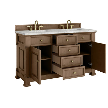 Brookfield 60" Double Vanity, Pecan w/3 CM Eternal Jasmine Pearl Silestone Top