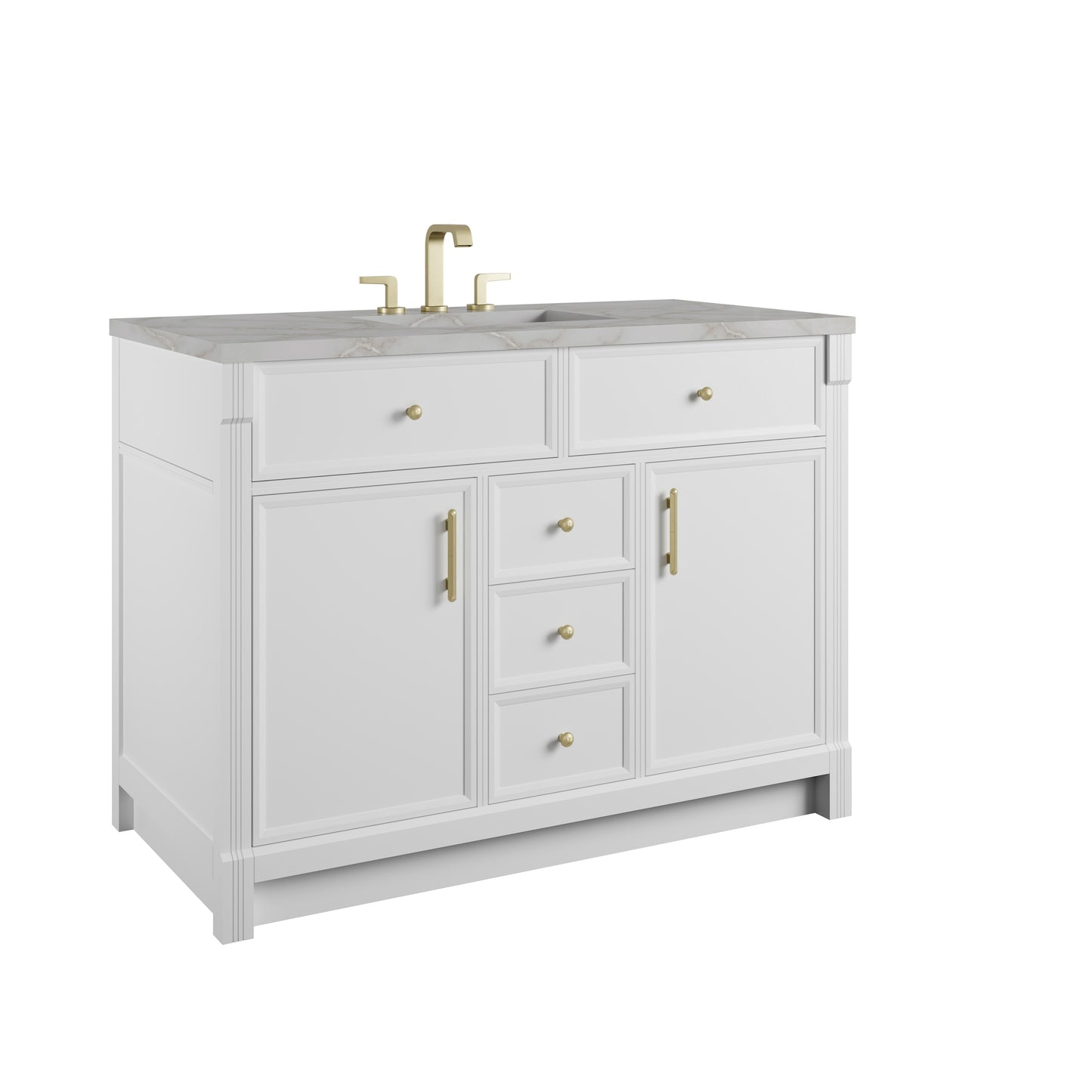 Renovate for Less Atlanta Bellshire 48" Single Vanity, Bright White w/ 3 CM Victorian Silver Silestone Top w/FreePower Wireless Charger