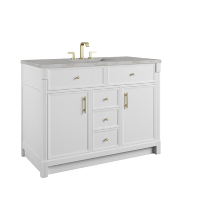 Renovate for Less Atlanta Bellshire 48" Single Vanity, Bright White w/ 3 CM Victorian Silver Silestone Top w/FreePower Wireless Charger