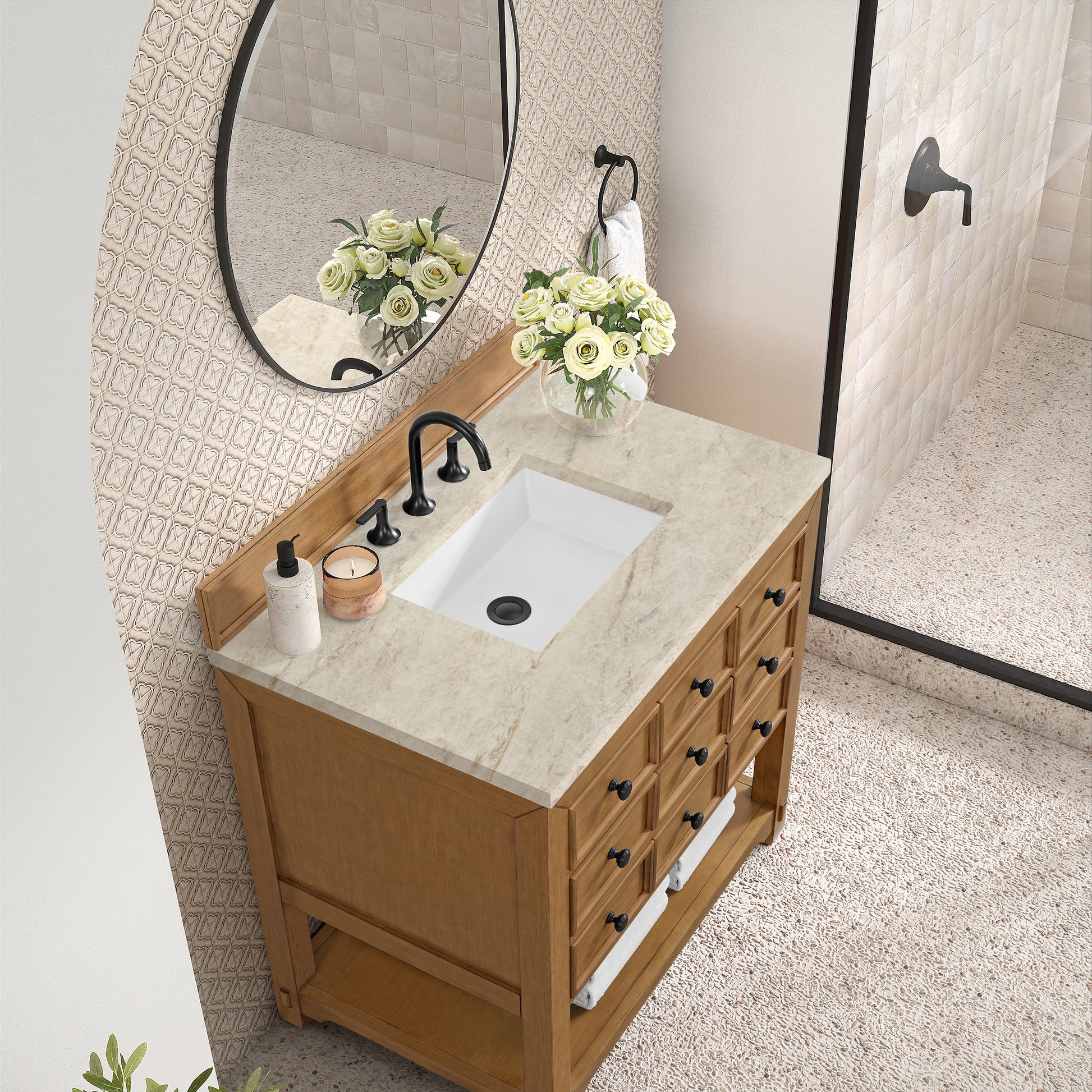 Renovate for Less Atlanta Malibu 36" Single Vanity, Amber Birch, w/ 3 CM Tajnar Eclos Top