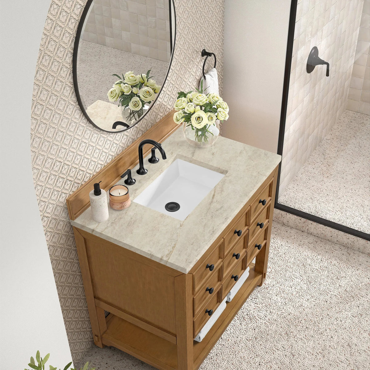 Malibu 36" Single Vanity, Amber Birch, w/ 3 CM Tajnar Eclos Top