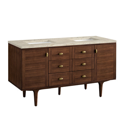 Renovate for Less Atlanta Amberly 60" Double Vanity, Mid-Century Walnut, w/ 3 CM Tajnar Eclos Top w/FreePower Wireless Charger
