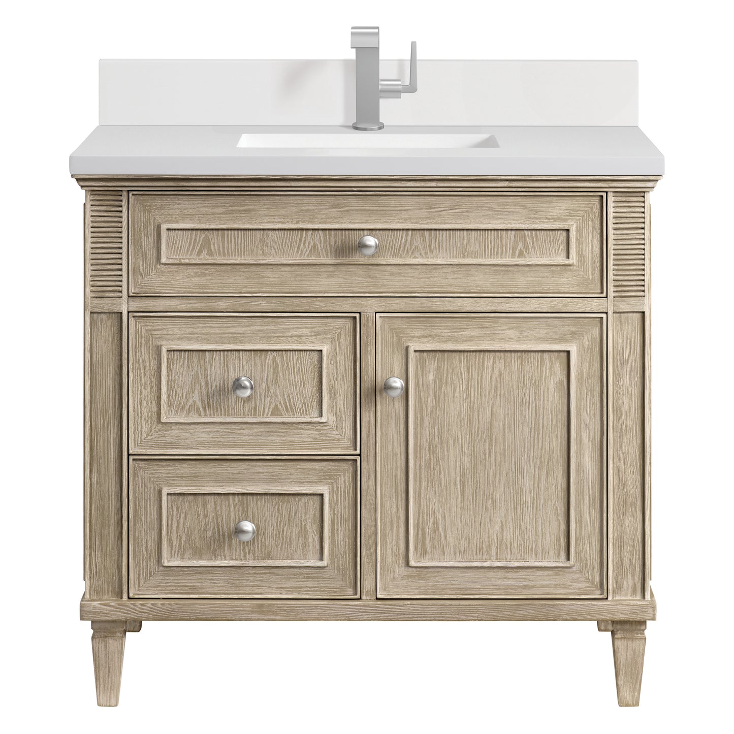 Renovate for Less Atlanta Lorelai 36" Single Vanity, Whitewashed Oak w/ Single Hole 3 CM White Zeus Silestone Top & Backsplash