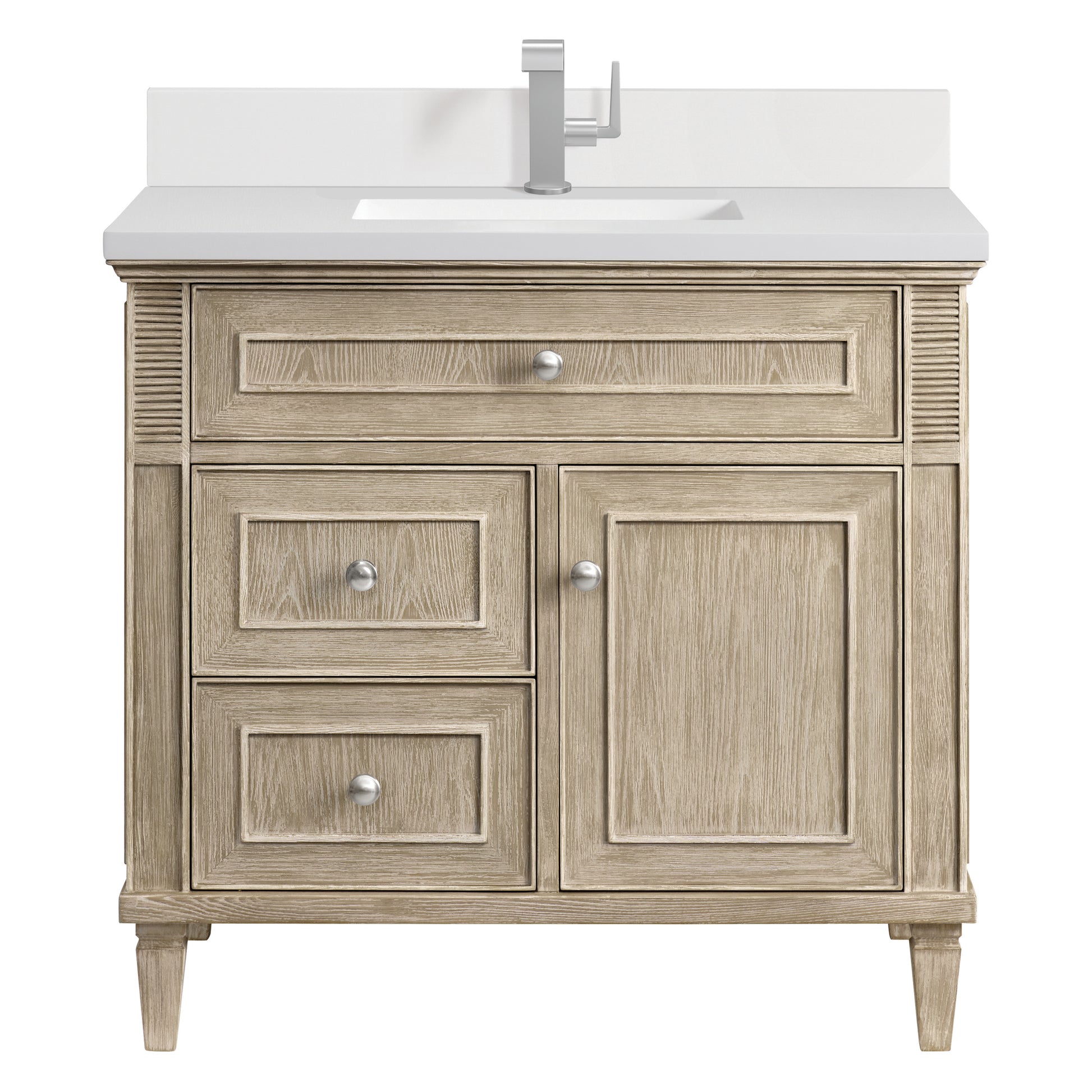 Renovate for Less Atlanta Lorelai 36" Single Vanity, Whitewashed Oak w/ Single Hole 3 CM White Zeus Silestone Top & Backsplash