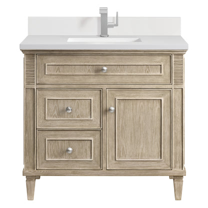 Renovate for Less Atlanta Lorelai 36" Single Vanity, Whitewashed Oak w/ Single Hole 3 CM White Zeus Silestone Top & Backsplash