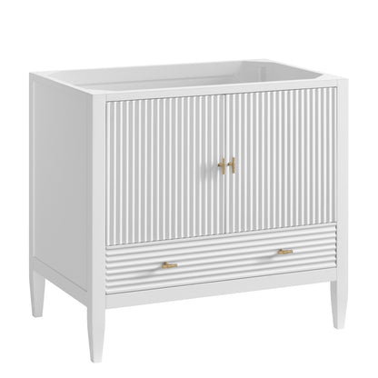 Renovate for Less Atlanta Myrrin 36" Vanity, Bright White w/ 3 CM Carrara White Marble Top