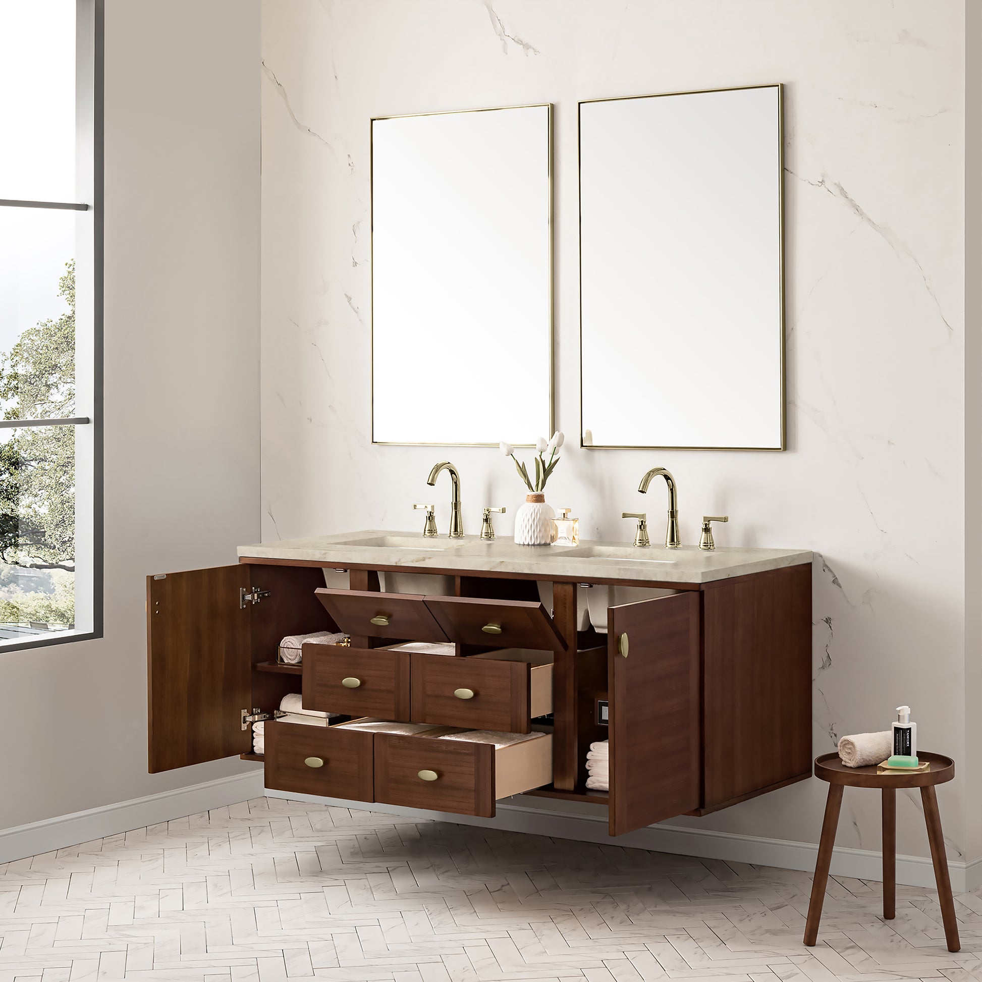 Renovate for Less Atlanta Amberly 60" Double Vanity, Mid-Century Walnut, w/ 3 CM Tajnar Eclos Top w/FreePower Wireless Charger