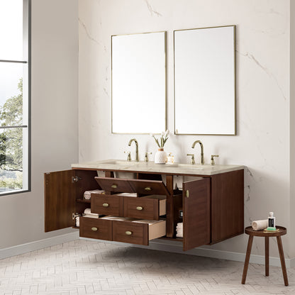 Renovate for Less Atlanta Amberly 60" Double Vanity, Mid-Century Walnut, w/ 3 CM Tajnar Eclos Top w/FreePower Wireless Charger