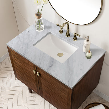 Renovate for Less Atlanta Amberly 36" Single Vanity, Mid-Century Walnut w/ 3 CM Carrara Marble Top
